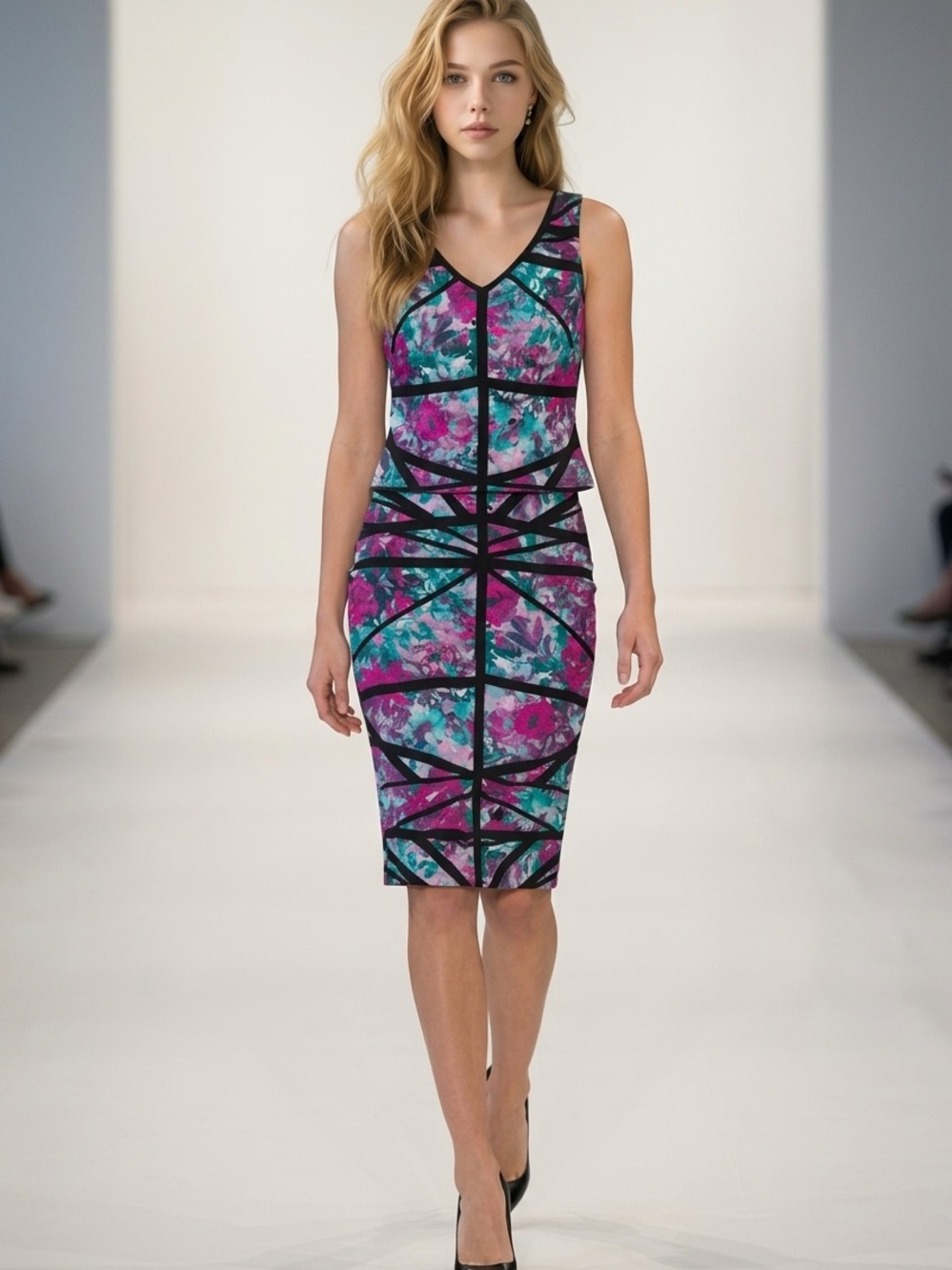 Bisou Bisou Floral Geometric Bodycon Matching Set Top+Pencil Skirt-Top M Skirt S